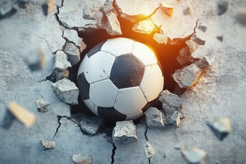 A black and white soccer ball breaking through and embedded in cracked concrete with scattered rubble around and a warm glowing light from the opening