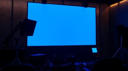 TV screen in the auditorium at night blue screen on the wall.
