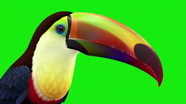 3D Render of a Detailed Toucan on Green Screen Background with Chroma Key Technique Featuring Multicolored Beak and Vibrant Feathers for Wildlife Compositing