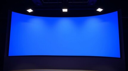 Blue screen  with white spotlights on the wall.
