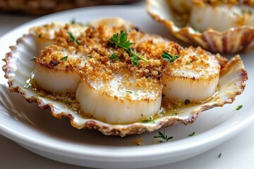 Close-up of baked scallops with golden breadcrumb topping and fresh herbs served in shell on white plate evoking a gourmet and comforting feeling
