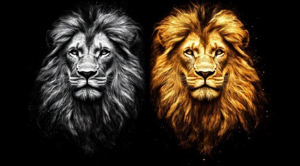 Dual portrait of two striking lion heads side by side, one in grayscale and the other in fiery golden tones, against a black background, conveying strength and intensity