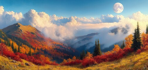 Vibrant autumn mountain landscape with colorful foliage, tall evergreen trees, misty valleys, fluffy clouds, and a glowing full moon in a clear blue sky