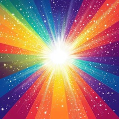 Vibrant burst of colorful rays radiating from a bright central light surrounded by sparkling stars creating an energetic and magical atmosphere