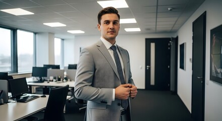 Businessman in a grey suit stands in an office with computers and windows