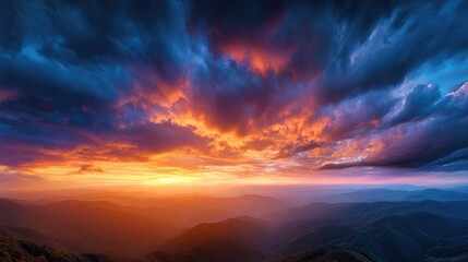 Dramatic sunset over a mountain range.
