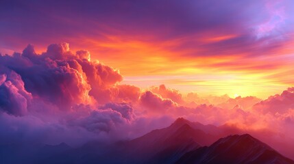 A vibrant sunset over a mountain range with dramatic clouds.