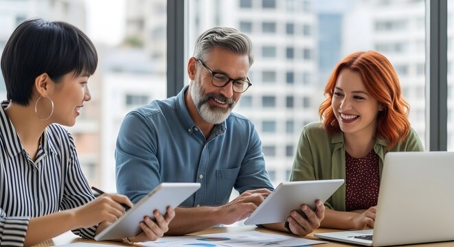 Colleagues collaborate on tablets and laptop at desk