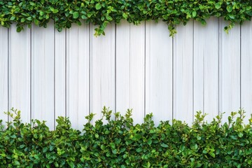 White wooden fence with lush green leafy plants growing along the top and bottom edges creating a natural frame