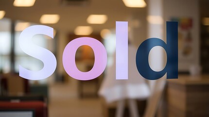 Sold sign on the glass in the cafe blurred background