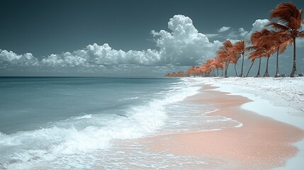 Naklejka premium Tropical beach scene with palm trees, dramatic sky, calm waves, perfect for wallpaper
