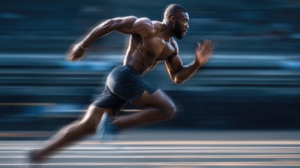 Muscular athlete in dynamic running pose.