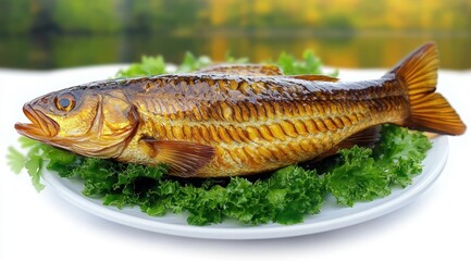 whole cooked fish with golden scales served on white plate garnished with fresh green leafy kale with blurred natural outdoor background