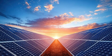 Expansive solar panel field under a vibrant sunrise with colorful clouds illuminating the sky, symbolizing clean energy and a hopeful future