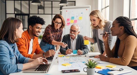 Diverse group of professionals collaborating around a table with a whiteboard