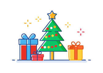 A lovely and simple Christmas tree illustration of a Christmas concept. Winter. Cosplay. Costume. Wreath. Decoration. P. Gift boxes.