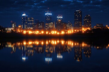 Fototapeta premium Nighttime city skyline with illuminated buildings reflecting on calm water under a cloudy sky