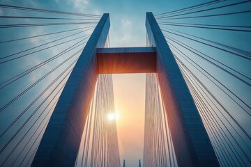 Fototapeta premium Sunlight shining through the towering cables and pylons of a modern suspension bridge under a cloudy sky at golden hour