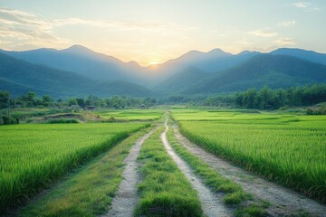 Obraz premium Dirt path leading through lush green rice fields towards forested mountains with the sun setting behind clouds