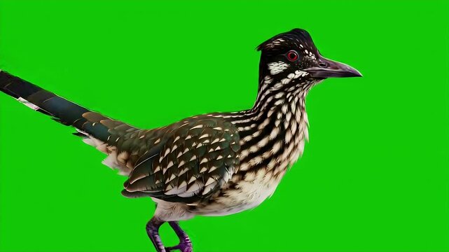 3D Render of a Roadrunner with Detailed Plumage Isolated on a Green Screen for Chroma Key Compositing and Animation Projects Offering Versatile Visual Element