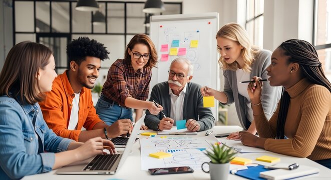 Diverse group of professionals collaborating around a table with a whiteboard
