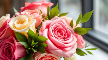 Bouquet of pink and orange roses on the windowsill.