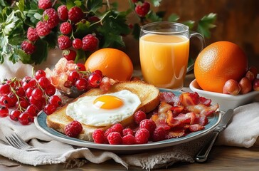 Breakfast plate with fried egg on toast, crispy bacon, fresh raspberries and red currants, accompanied by whole oranges and a glass of orange juice on rustic wooden table