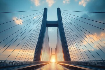Obraz premium Symmetrical view of a modern cable-stayed bridge at sunset with vibrant sky and glowing sun on the horizon evoking calm and awe