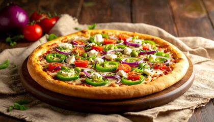 Vegetarian pizza with fresh green bell peppers, red onions, tomatoes, mozarella cheese on wooden board, food branding image