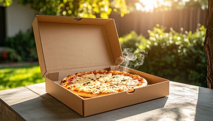 Pizza on a cardboard delivery box, urban delivery vibes, suitable for food app or flyer use