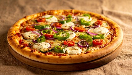 Vegetarian pizza with fresh green bell peppers, red onions, tomatoes, mozarella cheese on wooden board, food branding image