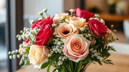 Bouquet of pink and red roses in a vase.