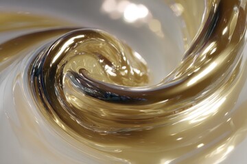 A swirling golden liquid with reflective highlights on a white background creating an abstract design