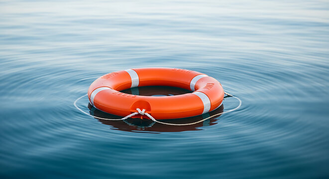 An orange life preserver floats on calm, blue water, creating ripples on the surface.