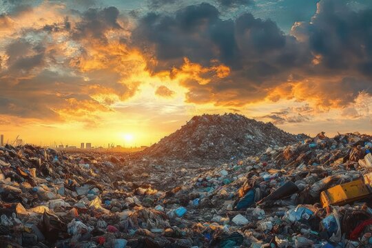 Vast landfill filled with heaps of garbage under a dramatic sunset sky, highlighting environmental pollution and waste accumulation