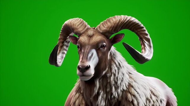 3D Render of an Isolated Urial with Large Curved Horns on a Green Screen Chroma Key Background Perfect for Educational Content and Compositing Projects