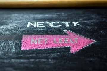 Black chalkboard with a large pink arrow pointing right and white chalk text above and inside the arrow looking like 'NECTK' and 'NET LEELT' conveying a message or direction