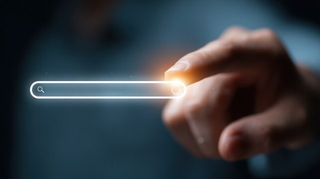 Finger tapping search icon: effortless online navigation, finding info/knowledge, digital tools for searching.