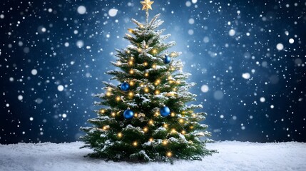 Snowy Christmas Tree with Blue Ornaments and Lights