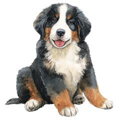 Bernese mountain dog puppy sitting with happy expression and fluffy tricolor fur in watercolor style painting