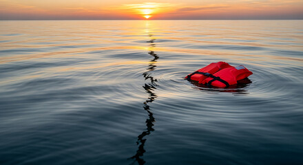 A lone life jacket floats in the ocean at sunset, reflecting the golden light.