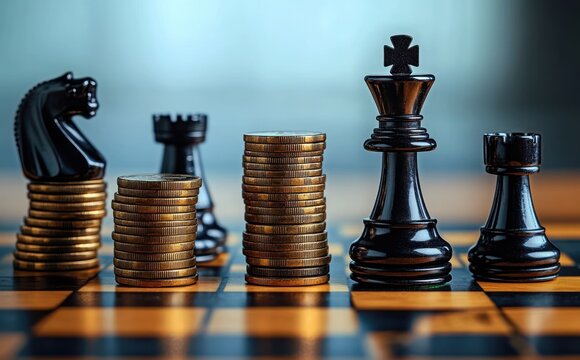 Stacks of gold coins arranged alongside black chess pieces on a wooden chessboard symbolizing strategy and financial growth