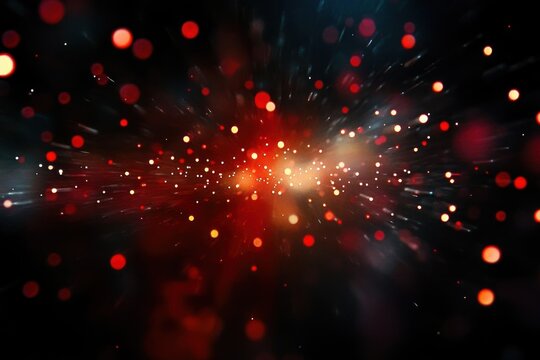 Abstract image of glowing red and orange particles radiating outward against a dark background creating a sense of dynamic motion and energy