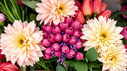 Colorful bouquet of tulips and chrysanthemums.