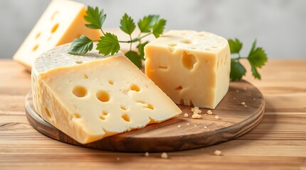 Cheese with parsley on wooden board, closeup.