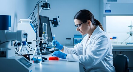 Female scientist in lab coat pipetting liquid into well plate