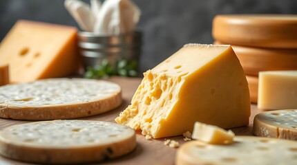 Different types of cheese on wooden board, closeup dairy products.