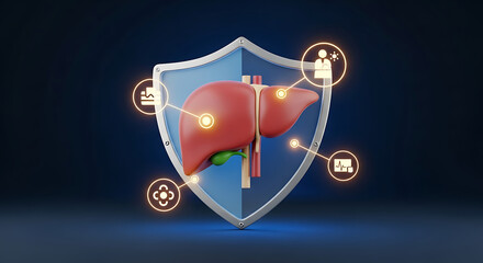 3D illustration of a human liver protected by a shield, with connected health icons.
