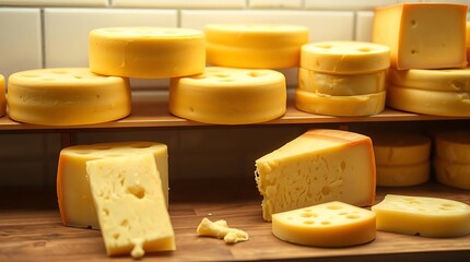 Pieces of hard cheese on a wooden board.