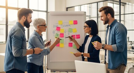 Four people in a bright office collaborate around a whiteboard with sticky notes